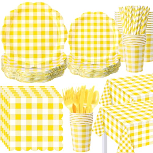 Image of Funnymoom 452 Pcs Yellow Gingham Party Supplies for 50, Yellow and White Gingham Checkered Paper Plates Napkins Cups Tablecloth Cutlery Straws for Birthday Family Picnic Barbecue Party Decoration