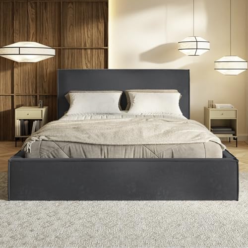 MOTIVENA Boho Bett 180x200 Grau Samt, mit Stauraum, mit Kopfteil, mit Lattenrost, ohne Füße, ohne Matratze, Polsterbett 180x200 mit Bettkasten Grau (Anthrazit) – Bild 4