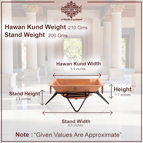 Image of Indian Art Villa Pure Copper Hawan Kund with Stand & Side Handles, Traditional Yagya, Hawan & Poojan Kund for Home Mandir, Festivals & Religious Ceremonies, 2 x 6.3 Inches