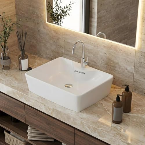 Image of Premium Ceramic Bathroom Wash Basin, White Table Top Vanity Sink for Countertop Installation, Hotel & Home Washrooms, 19 x 14 x 5 Inch
