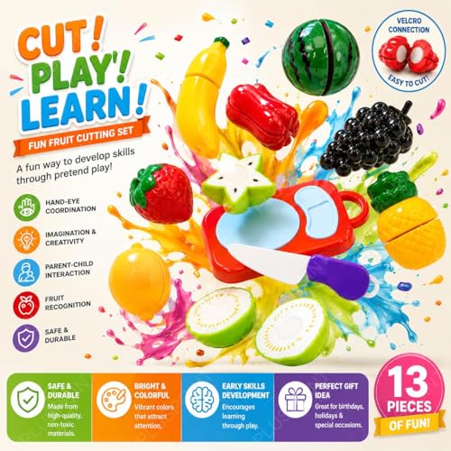 Image of PLUSPOINT Fruit Cutting Toys Set for Kids Pretend Play 13pc Fruit Cut Toy Set with Knife & Cutting Board, Educational Kitchen Play Food Toys for Toddlers