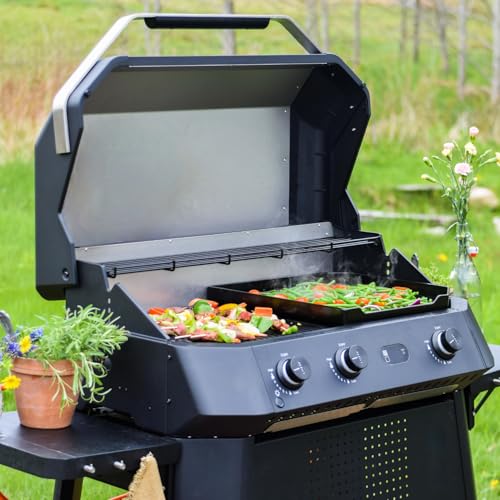 Cozze® G-800 COMBO Plancha-Grill – 3-Brenner Gasgrill mit Grillplatte – 50 mbar – Outdoor Grill mit 9,5 kW Leistung & digitalem Thermometer – inkl. Druckregler & Warmhalterost