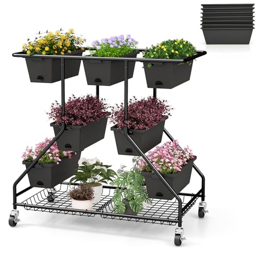 HOMASIS Huerto Elevado de 3 Niveles con Ruedas, Parterre con 7 jardineras y Rejilla metálica, Jardinera metálica con Agujeros de Drenaje, para hortalizas, Hierbas, Flores, 100x56x99cm, Negro