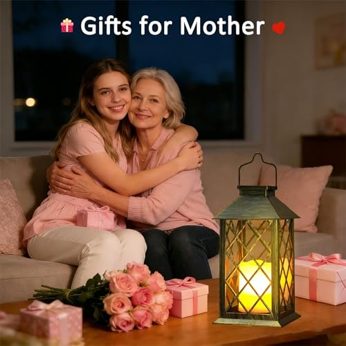 Image of 2 Pack 14 inch Large Tempered Glass Solar Lanterns Outdoor Waterproof | Bronze retro solar lantern with flickering flameless candles, ideal decoration for wall, porch, patio, table and garden.