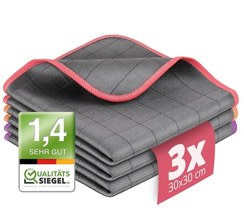 Lavandola® 3X Fenstertuch - Für kristallklare & streifenfreie Scheiben - 30x30cm Carbon Tücher für den Haushalt - Microfasertuch Fenster, Microfaser Fensterputztuch, Glas Tuch