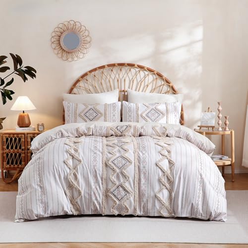 Image of Herside Beige 100% Cotton Boho Duvet Cover Set Queen Size, 3-Piece Tufted Textured Modern Boho Moroccan Bedding, Aztec Geometric Farmhouse Comforter Cover with 8 Corner Ties & Double Zipper