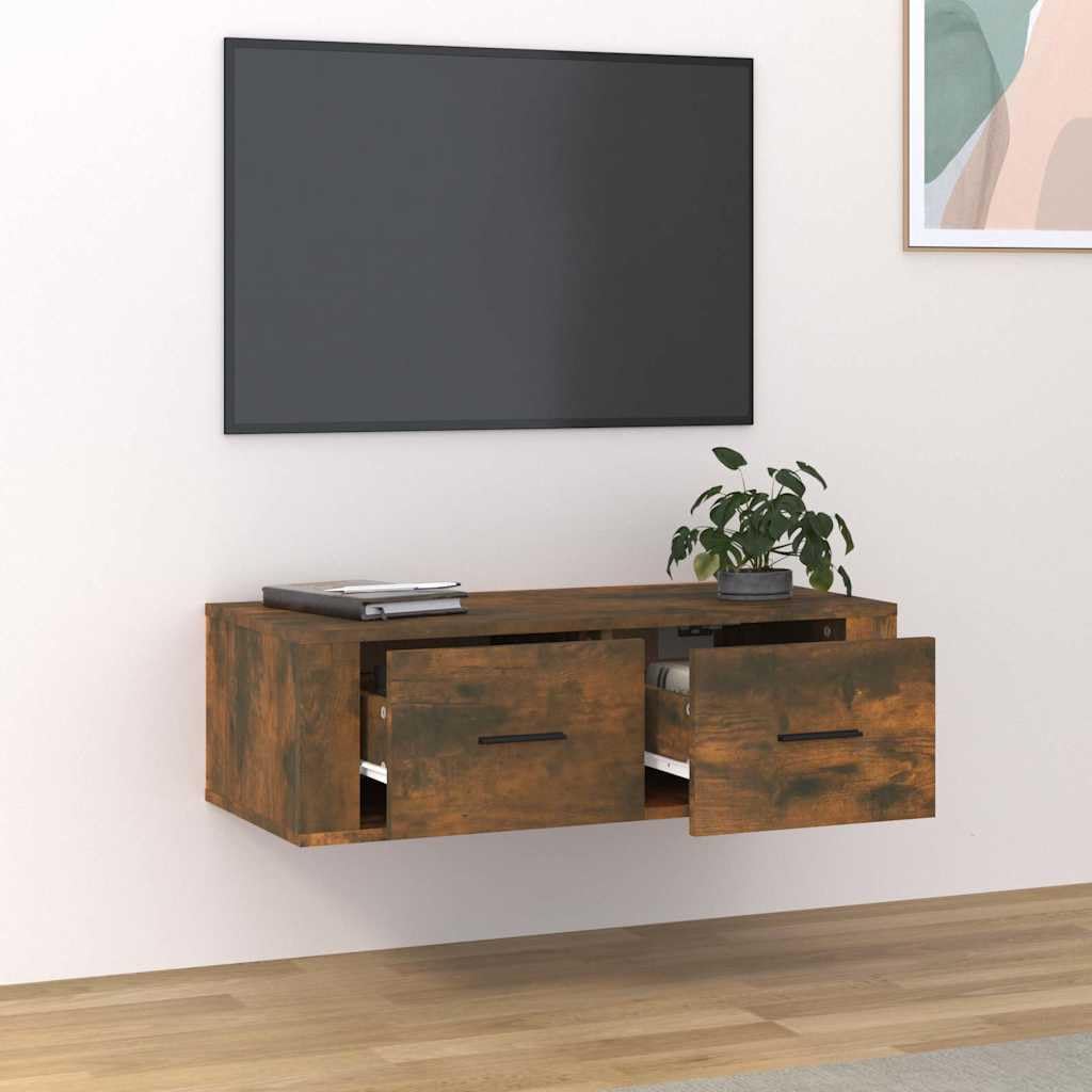 Armoire TV Suspendue en Bois d'ingénierie Chêne fumé 80x36x25 cm avec tiroirs pour Salon, séjour ou Chambre, Support Mural Moderne et Robuste pour écran multimédia