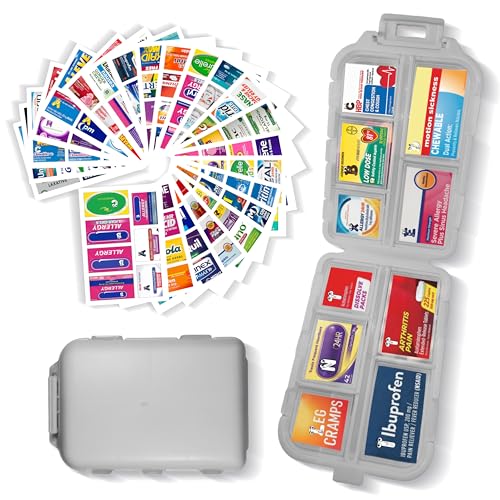Image of Pill Organizer with 161 Medicine Labels, Grey Travel Pill Case | Compact 10-compartment pill case with 161 labels for daily vitamins, supplements, 7-day planning, purse, backpack, and travel