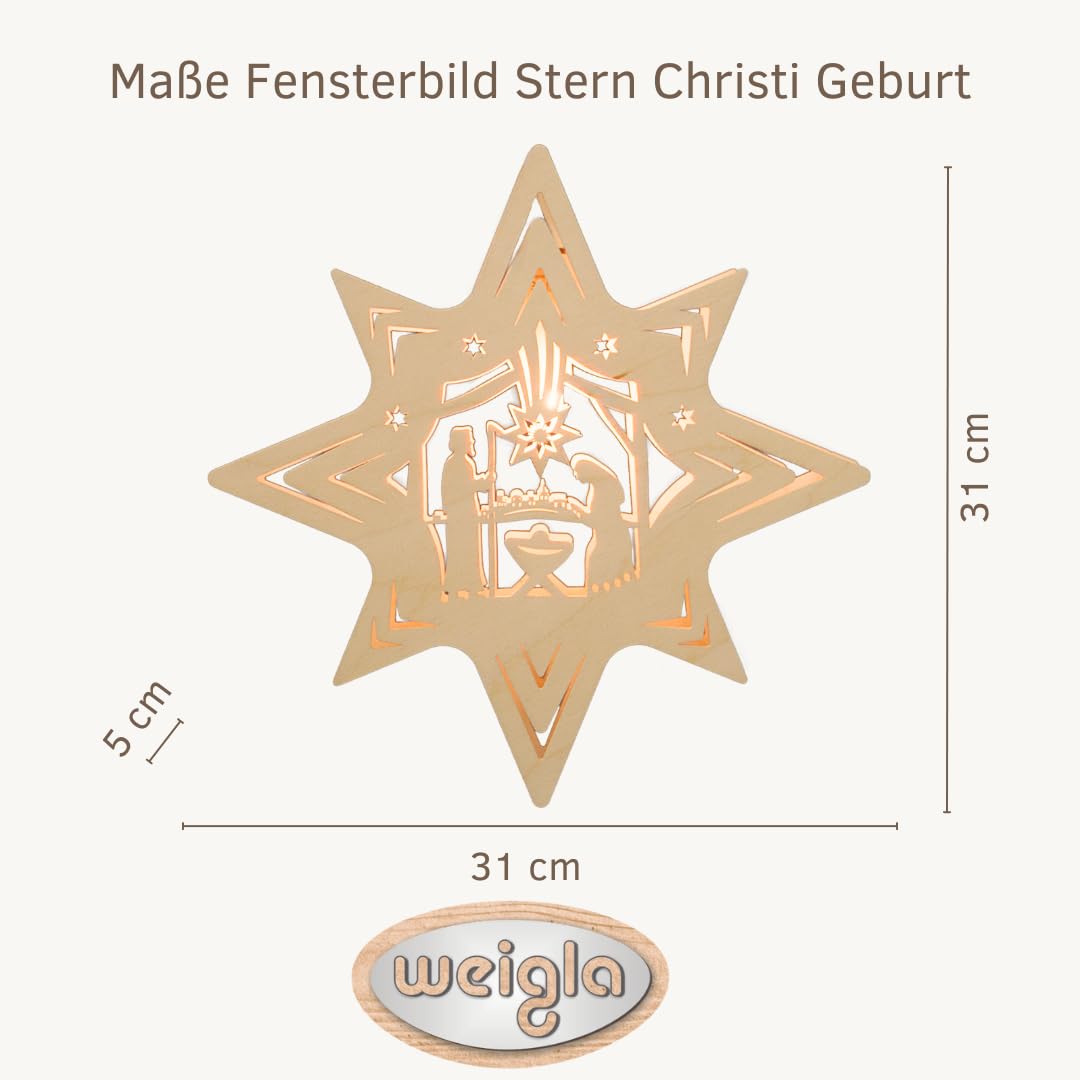weigla - Fensterbild original Erzgebirge Stern Christi Geburt I Weihnachtsdeko Fenster I 1 Lampe I 7 W, E14 I Fensterbild Weihnachten I Weihnachtsbeleuchtung aus Holz I Fensterdeko hängend