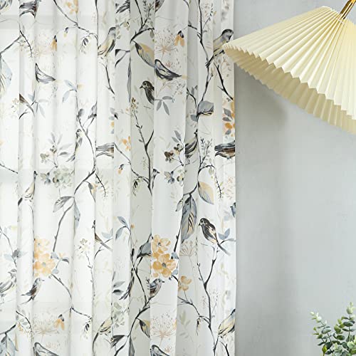 VOGOL Grey Birds Sheer Curtains, Rustic Birds & Flowers Printed Window Draperies for Kitchen, 63 Inches Semi-Sheer Panels for Bedroom Living Room Farmhouse, Rod Pocket Top, 1 Piece, Gray