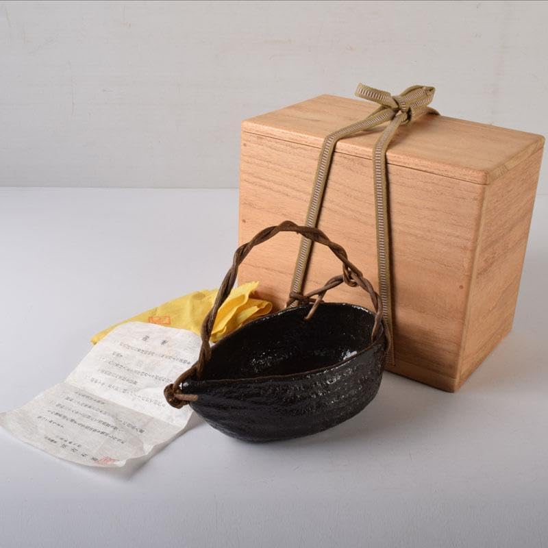 茶道具 伊曽嶋窯 渓古石香作 黒釣舟花入 共布 堀内宗完極め箱 C R8476