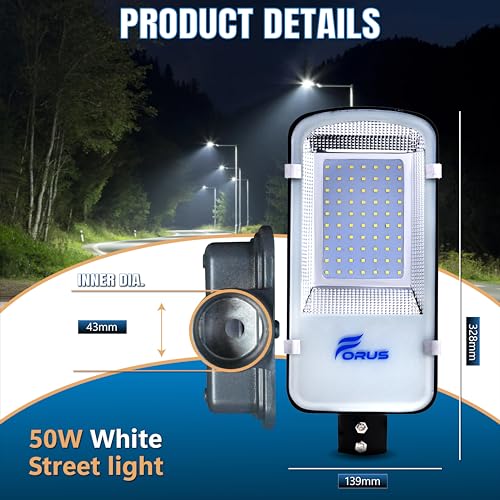Image of Forus 50W LED Street Light with Clamp, IP66 Waterproof Outdoor LED Street Light, High Lumen 6000lm White, Aluminium Body for Road, Parking Lot, Garden & Industrial Outdoor Lighting (1 Pc)