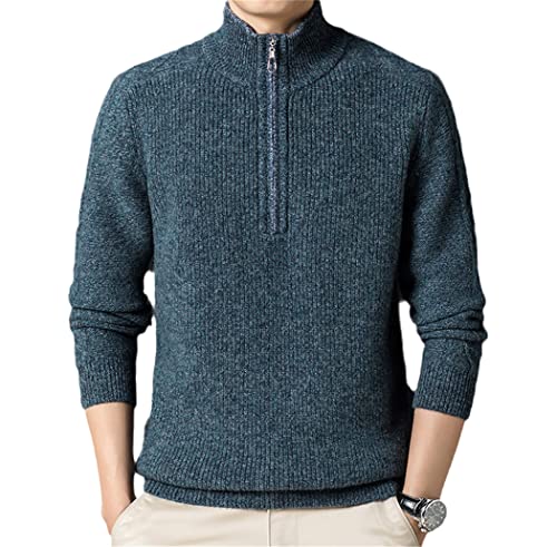 Pull à col roulé zippé pour homme 100 % laine tricotée Vert XL