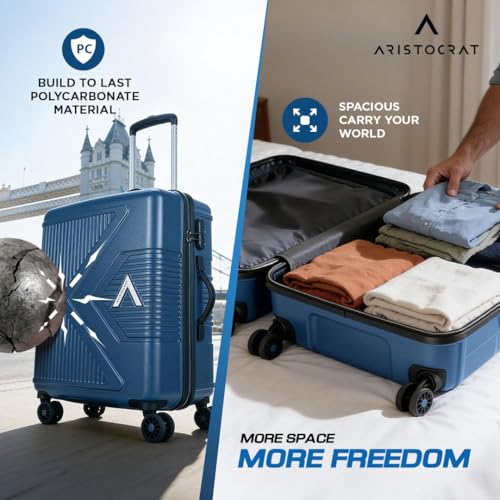 Image of Aristocrat Proteq Check-in Trolley Bag 66cm | Medium Hard Luggage | 8-Wheel Suitcase for Travel | Combination Lock with Sturdy Zipper | Polycarbonate | 3 Years International Warranty (Legion Blue)