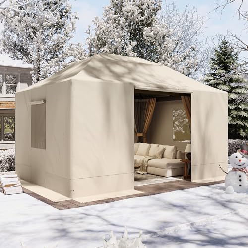 Aoxun 10x14 Hardtop Gazebo Winter Cover Waterproof All Season Outdoor Enclosed Canopy Cover with Extension Bottom Edge & Mesh Windows Universal Protective Shelter Cover Cream(Gazebo not Included)