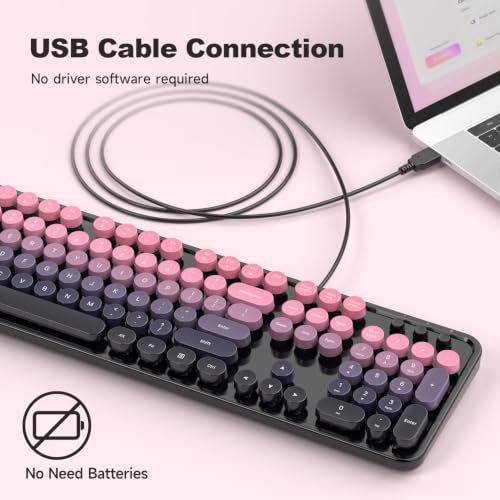 Image of MOWUX Computer Keyboard Wired, Plug and Play USB Retro Round Typewriter Keyboard, Full Size Wired Keyboard with Foldable Stands for Laptop and Office PC- Sea Blue Gradient