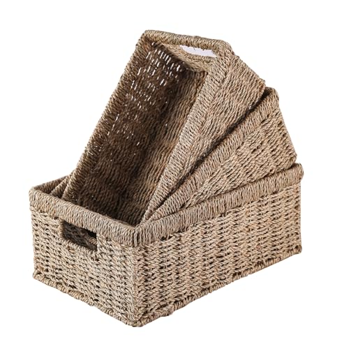 Wicker Storage Baskets –Water Hyacinth Woven Basket, Decorative Baskets for Shelves, Basket for Gifts, Closet, Pantry, and Home Organization, Set of 3, Multi-Size