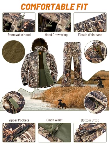 NEW VIEW Quiet Hunting Clothes for Men with 11 Pockets, Fleece-lined Water Resistant Camo Jacket and Pants