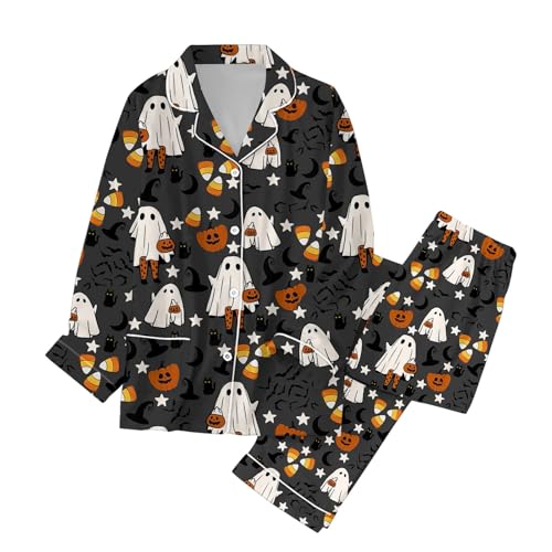 Halloween Schlafanzug Damen Bequemes Hausanzug mit Lustiger Halloween Print Weiche Loungewear Pyjama Set Langarm T-Shirt Top Und Hose Festliche...