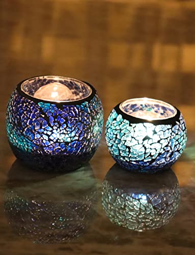 2 Pcs Handmade Glass Mosaic Candle Holder, Stained Glass Tealight Votive Holder (Blue) #TOP26