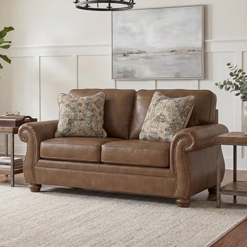 Image of Signature Design by Ashley Shadsburne Rustic Faux Leather Loveseat with Nailhead Trim and 2 Throw Pillows, Brown