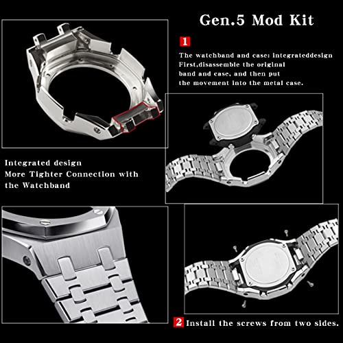 Image of GA2100 Stainless Steel Watch Case with Metal Watchband and Rubber Strap Mod Kit - Compatible with GA-2100 /GA-2110 /GA-B2100 Series - Watch Part Replacement