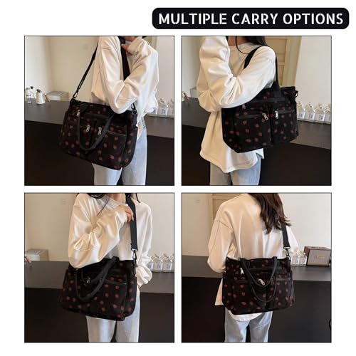 Strawberry Print Corduroy Tote Bag, Hobo Shoulder Bag for Women, Multi-Compartment Cute Crossbody Purse4