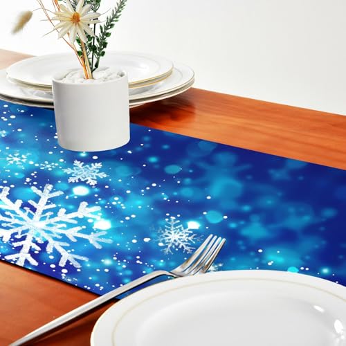 Chemin de table de Noël 45x183 cm ALAZA double face flocons bleus