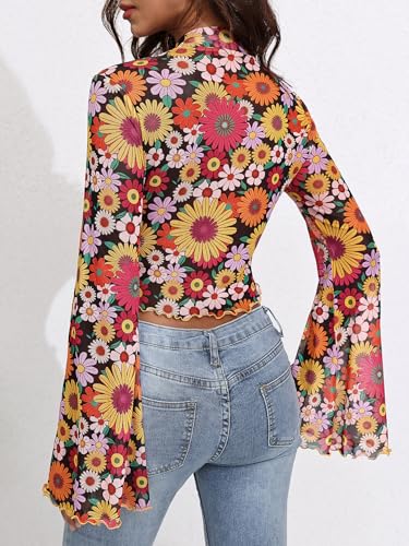 Women's Y2K Floral 70s Top Hippie Shirt Sheer Mesh Tee Shirt Disco Long Bell Sleeve T Shirts Crew Neck Boho Crop Tops2