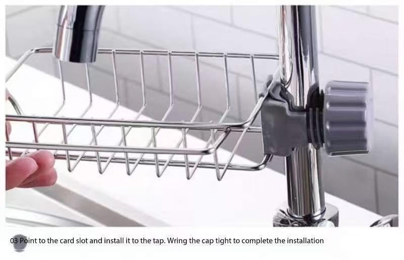 Soporte de esponja sobre el fregadero de la cocina, de acero inoxidable, desmontable para colgar grifo, organizador de drenaje para cocina y baño, soporte de esponja para fregadero 8