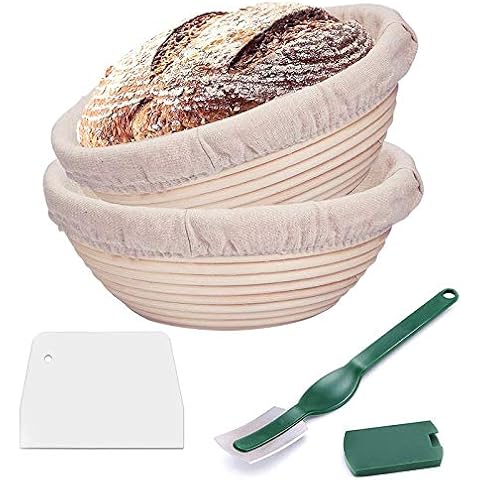 CHUSSTANG Banneton Bread Proofing Baskets -2pcs 10" /25cm Round Banneton Sourdough Proving Baskets Natural Rattan Proofing Bread Basket Tools Bowl(with 2*Linen Liner Cloth+ Dough Scraper+ Bread Lame) Cover