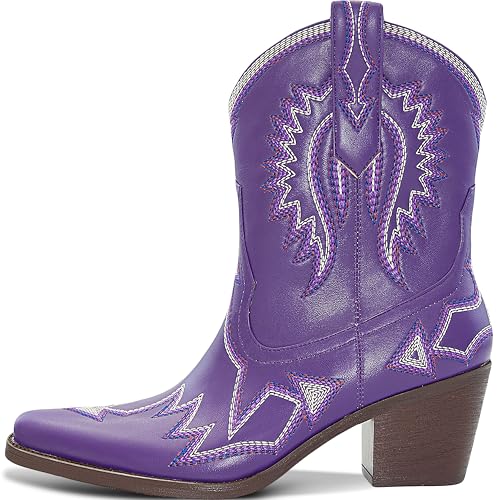 Image of HOCHFART Women's Western Ankle Cowboy Boots Chunky Pointed Toe Wide Calf | Metallic PU-Leather, Embroidered, Pull-On, Concert, Festival, Rodeos, Party, Daily Wear, All-Day Comfort
