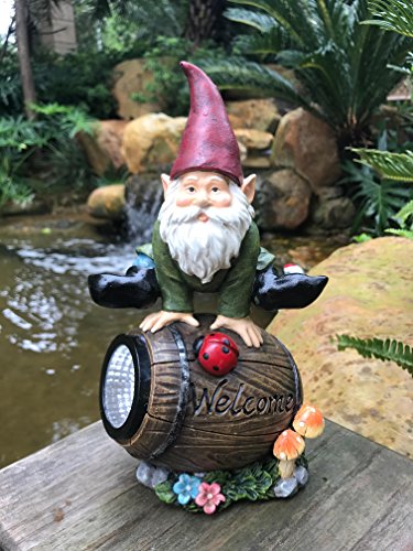 Solar Powered Gnome Jumping Over a Barrel with Ladybug LED Garden Light Decor - Image 3