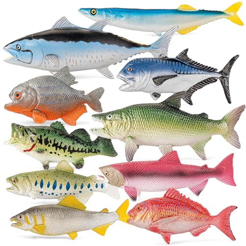 Totsmile 10PCS Ocean & Freshwater Fish Toy Figures Set Fake Fish Fake Fish Figurines Educational Animal Figurines Playset for Kids Cake Toppers Party Favors Bath Toys and Sensory Play