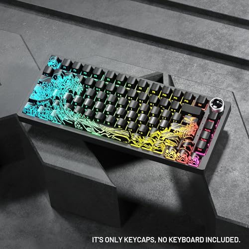 Image of HITIME x XVX Kanagawa Keycaps 60 75 100 Percent - Shine Through Keycaps w /IMD Tech, for Mechanical Keyboards, Full 118 Key Set, OEM Profile, Lines Backlit, Side Printed - Black