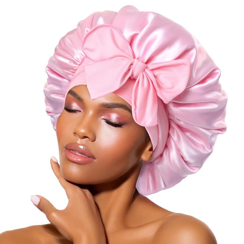 Image of BONNET QUEEN Silk Bonnet for Sleeping, Satin, Adjustable Pink Bonnets for Sleep, Women Girls Night Bonnets for Natural Curly Hair
