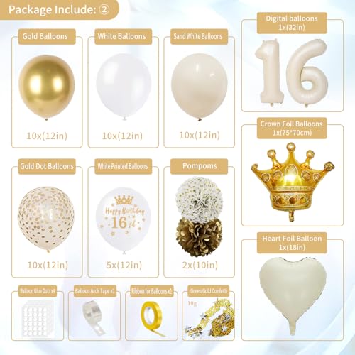 Image of Sweet 16 Party Decorations, White and Gold 16th Birthday Decorations for Girls Happy Birthday Banner Tablecloth Cake Topper Bday Sash Crown Fringe Curtain Balloons for Girls Sweet 16 Party Deco