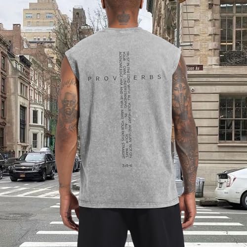 Image of Christian Gym Workout Tank Tops for Men Vintage Bible Verse Cross Graphic Sleeveless Muscle Shirts Acid Wash Tanks Top