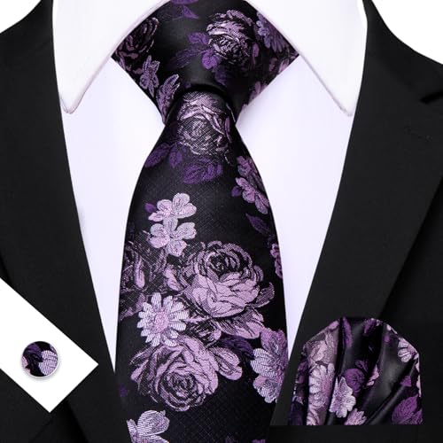 Image of Barry.Wang Flower Ties for Men Silk Woven Floral Tie Sets Necktie Handkerchief Cufflinks Wedding Party