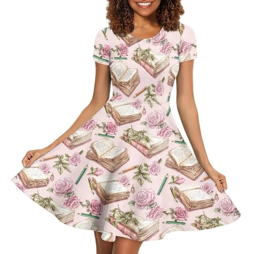 Image of POLERO Women Puffy Swing Elegant Party Midi Dresses Short Sleeve Round Neck A-Line Dress