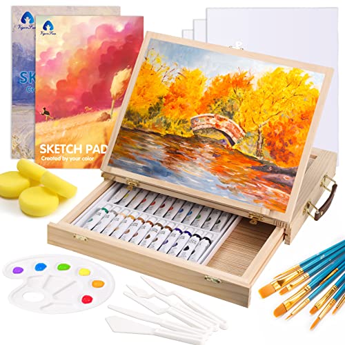 Painting Supplies Set, 49 Pieces Watercolor Painting Kit with Wooden Tabletop Easel, Includes Watercolor Paints, Brushes, Palette, Canvas Panels and Painting Pads, for Artists, Student, Adults, Kids