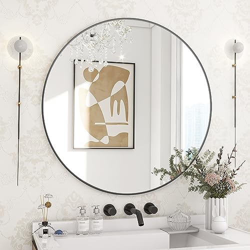 BEAUTYPEAK 24 Inch Round Mirror, Metal Frame Circle Mirror, Wall Mounted for Entryway, Bathroom, Vanity, Living Room, Black