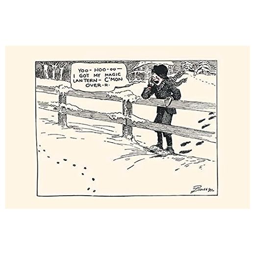 A cartoon of a boy shouting for his friend to come over to see his new Christmas present a magic lantern an early slide viewer which included fun pictures The cartoon was drawn by Clare Briggs for th