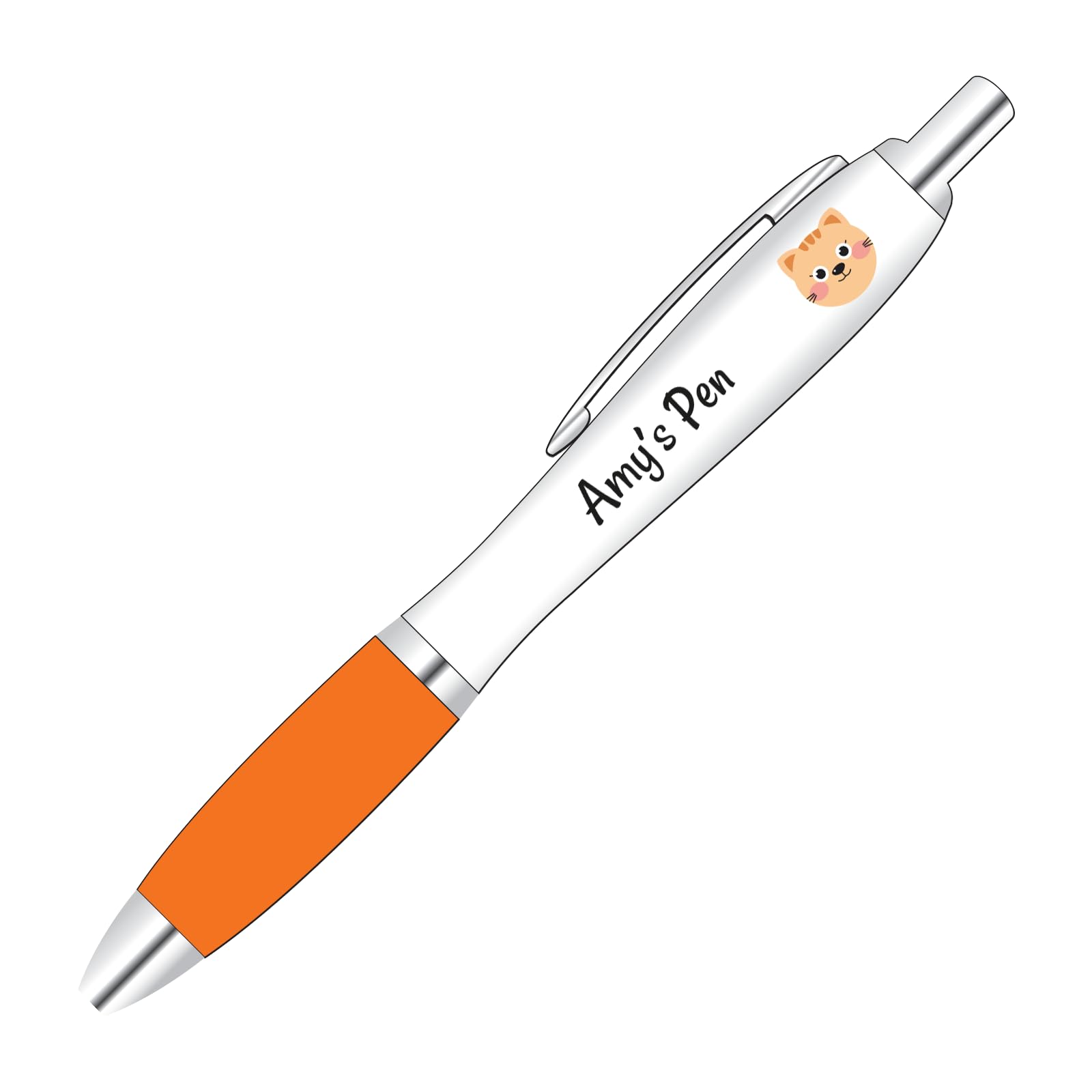 Personalised full colour printed cat design pen with custom name or short message and a orange coloured grip.