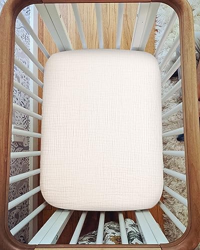 Image of Pack and Play Sheets for Baby Boys and Girls 39 inchx27 inchx3 inch, Neutral Muslin Cotton Pack N Play Mattresses Sheet with Boho Style, Soft and Breathable Comfort (Cream)