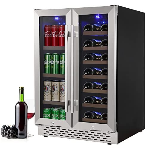 Premium Dual Zone Wine Cooler - Holds 55 Cans & 20 Bottles, Quiet Compressor, Blue LED, 24 Inch Under Counter Design for Home and Bedroom.