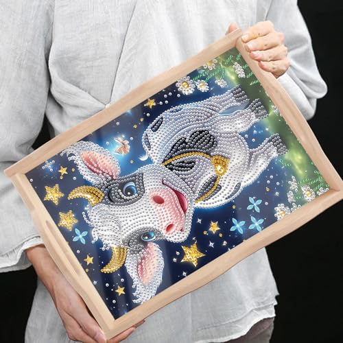 Image of DIY Diamond Art Tray with Handle Diamond Art Painting Plate Creative Design Handmade Wooden Tray Mosaic Making Kits by Number Kits Diamond Art for Coffee Living Room Home Organizer (Milk Cow)