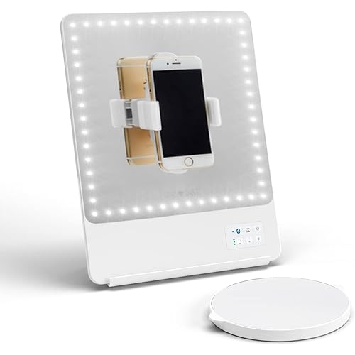 Glamcor Riki Skinny Smart Vanity Mirror with HD LEDs, Magnifying Mirror Attachment, Phone Holder and Bluetooth Control (White, 5X Magnification)