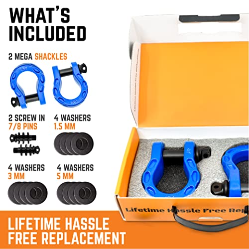 Gearamerica Mega D Ring Shackles – 68,000 Lbs Capacity, Stronger Than 3/4" D Rings –Tow Shackle, 7/8" Pin & Washers – Securely Connect Tow Strap Or Winch Rope For Off-Road Recovery – Blue, 2-Pack #TOP3