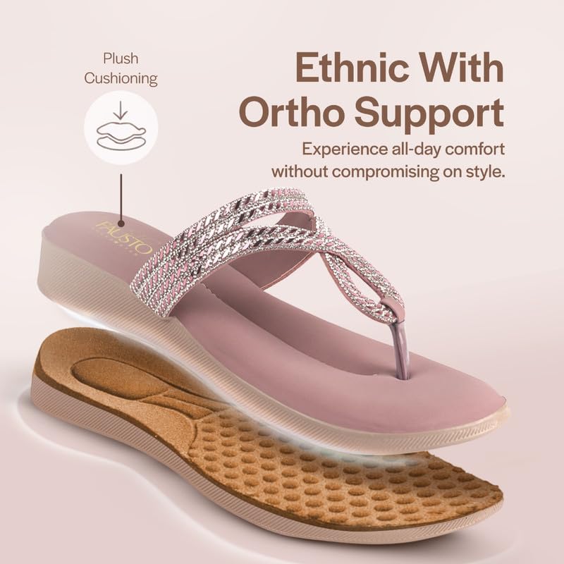 Image of FAUSTO Women T-Strap Slip On Ethnic Sandals with Rhinestone Strap | Wedge Ortho Slip-On Slippers | Perfect for Wedding, Festive Outfits